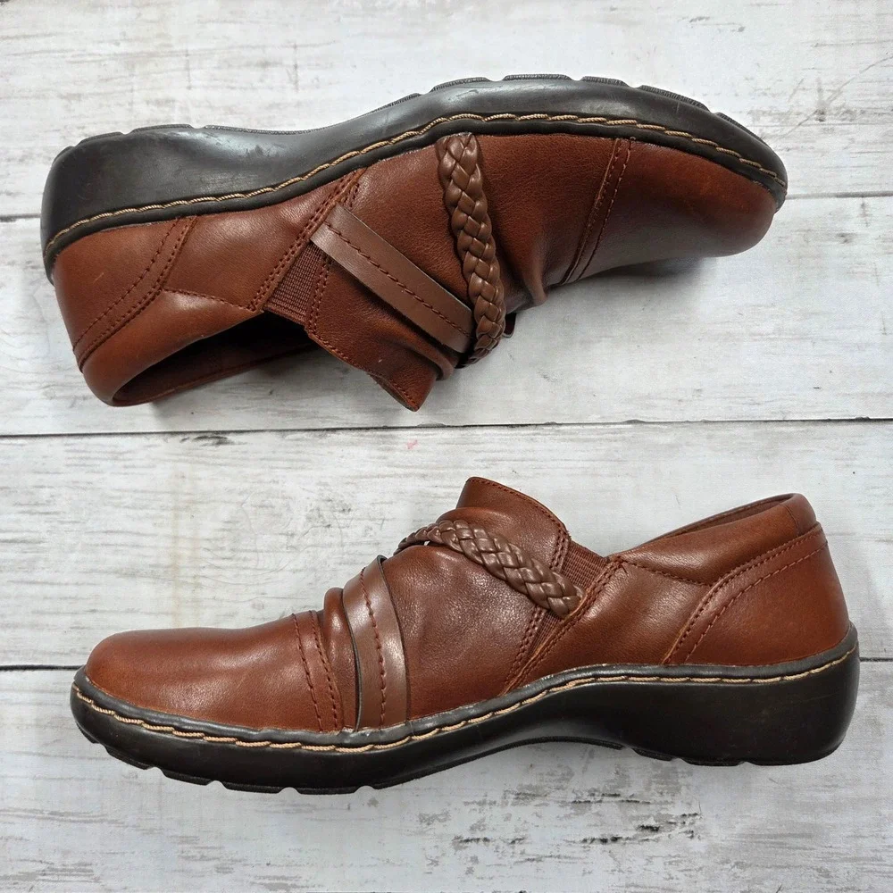 Clarks Collection Ultimate Comfort Loafers Women 7M Brown Leather Braided Ruched